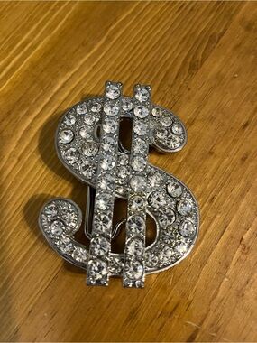 FL&B silver tone hip hop belt buckle large dollar sign covered w/rhinestones 3”